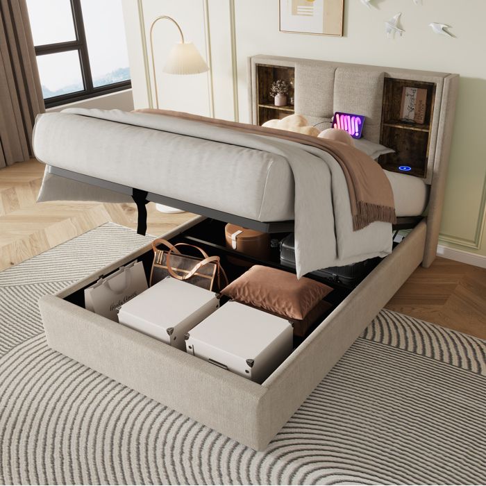Lit coffre 1 place - charge sans fil USB/USB-C lin naturel 90x200 cm