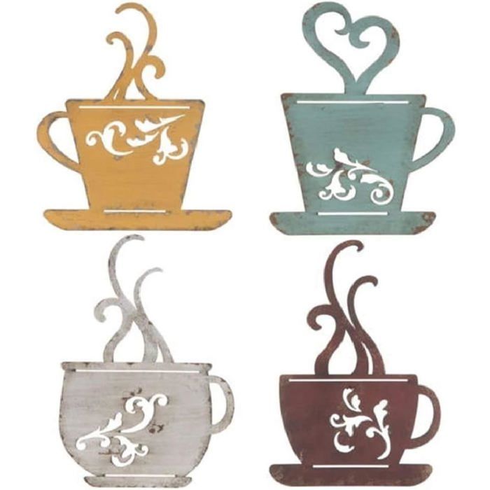 Décoration Murale Tasses à Café en Métal Modèle Vintage Lot de 4 Art Mural Cuisine Café Restaurant