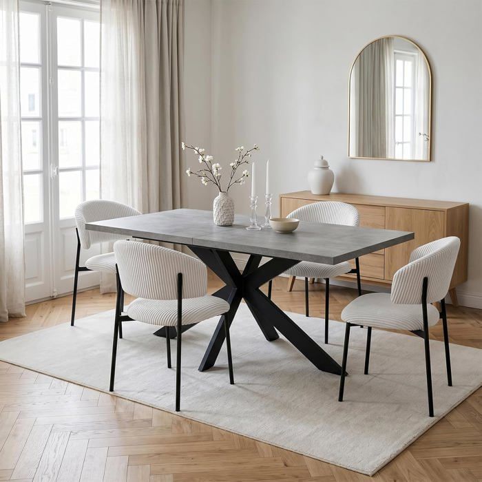 Table JIEXI de Salle à Manger Extensible et 4 chaises en Velours côtelé Blanc 130-170 cm Style Moderne