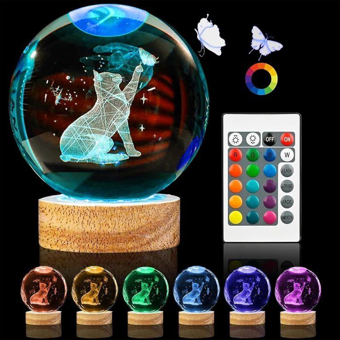 Veilleuse 3D en forme de chat en forme de boule de cristal - Cadeau pour femme - Figurines de chat de 8 cm - Bou COFFRET THEMATIQUE
