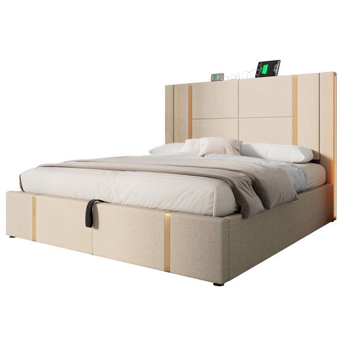 Lit coffre 2 places – Beige – 160x200 cm – Tissu lin – Tête de lit LED – USB-C