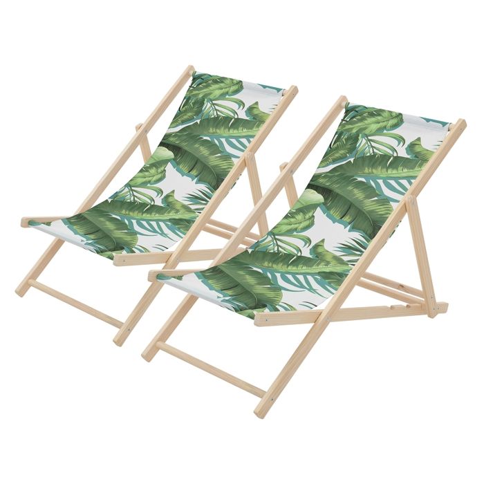 Lot de 2 chiliennes - ECD Germany - Motif tropical - Bois - Pliables 3 positions - 120 kg max