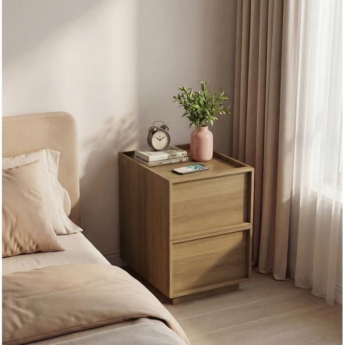 Table de chevet moderne couleur chêne 38 x 48 x 50 cm avec 2 tiroirs sans poignée en MDF