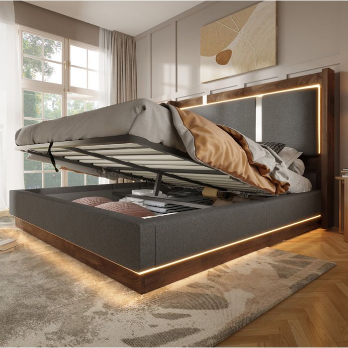 Lit coffre 180 x 200 cm avec sommier à lattes LED intégrées tissu lin gris et finition noyer sans matelas