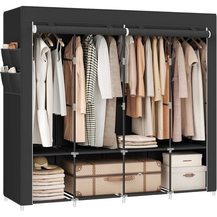 Armoire textile 170L cm noir encre 4 tringles étagères de rangement et 4 pochettes latérales incluses