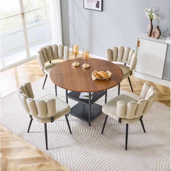 Modenuit Ensemble table a manger ronde 107 cm avec 4 chaises rangement 2 etageres aspect noyer et metal noir