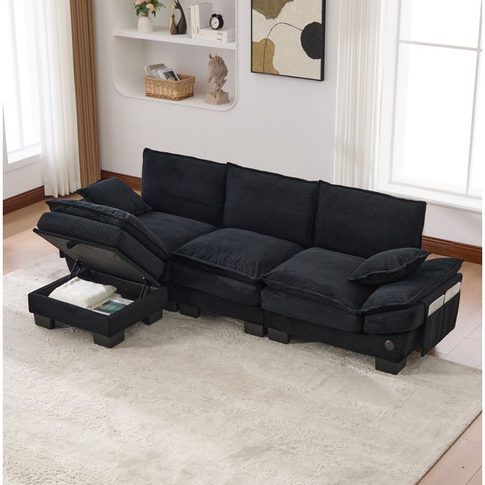 WUVRIE Canape dangle modulable 3 places avec pouf velours cotele noir USB-C poches laterales