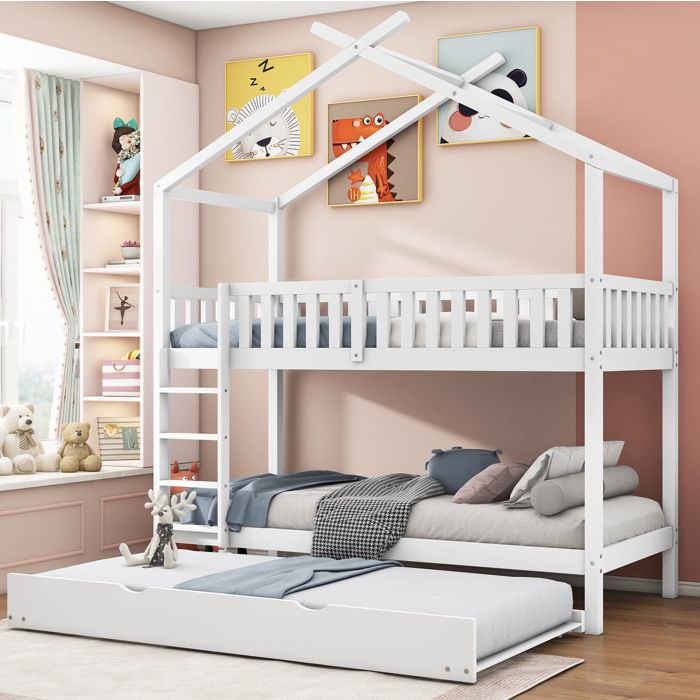 Lit cabane superposé enfant 90×200 cm convertible en trois lits lit gigogne - BEAUNIV - sans matelas Bois blanc