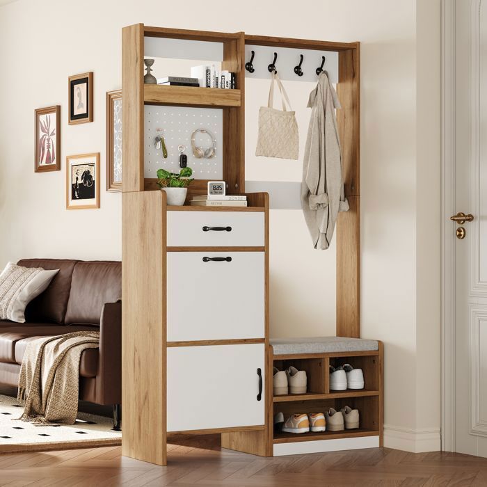 Meuble dEntrée avec Banc et Meuble à Chaussures Patères Tiroir Abattant 108 5 × 35 × 180 cm Chêne/Blanc Meuble dEntrée avec Banc et Meuble à Chaussures Patères Tiroir Abattant 108 5 × 35 × 180 cm Chêne/Blanc