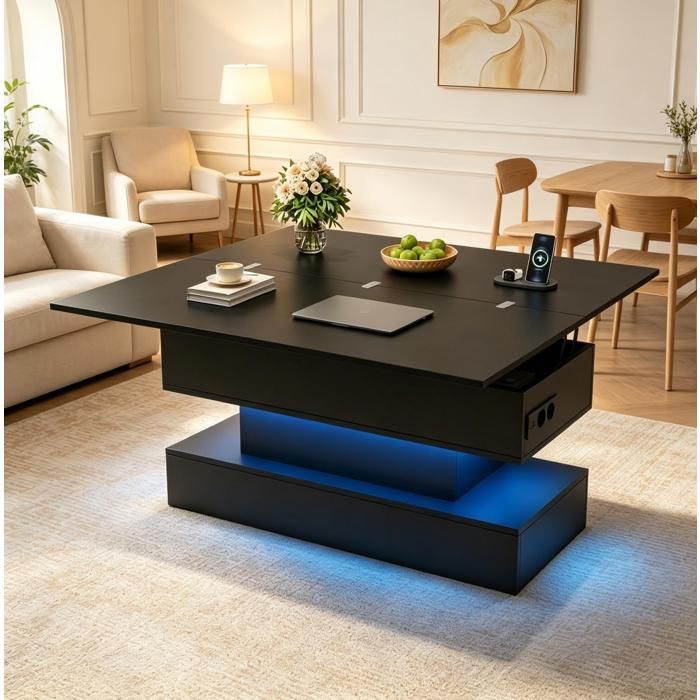 Table basse relevable noire 100 x 50 x 51 5 cm avec LED prises intégrées rangement caché plateau hydraulique