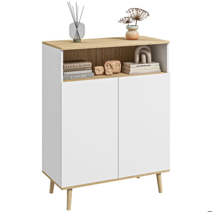Meuble de Rangement Buffet sur Pied Scandinave 2 Portes Étagère Intérieure Blanc et Aspect Bois 38x102 cm