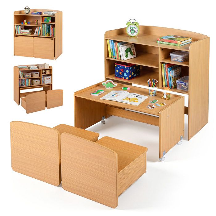 3 en 1 Bibliothèque Enfant Bois-COSTWAY-Bureau avec 2 Chaises Mobiles Étagères Réglables Roulettes Meuble de Rangement Naturel