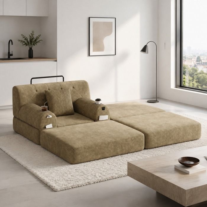 MEULVA Fauteuil-lit 1 place convertible kaki en velours côtelé dossier haut 2 poufs rangement et porte-gobelets