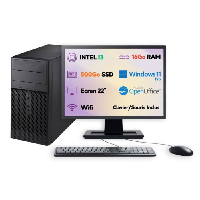PC Tour Écran 22 I3 SSD 500Go RAM 16Go W11 Pro WiFi Clavier Souris Open. Office 2025 - Tour dordinateur - Clavier Souris