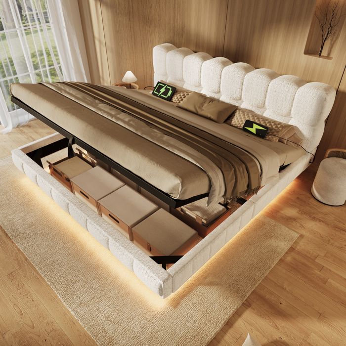 Lit Double 160x200 avec LED et port de charge Lit rembourré nuage avec effet suspendu et hydraulique Chenille Beige(Sans Matelas)