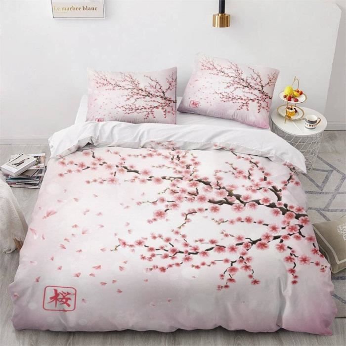 Housse De Couette 220X240 Fleurs De Cerisier Roses 3D Motif Parure De