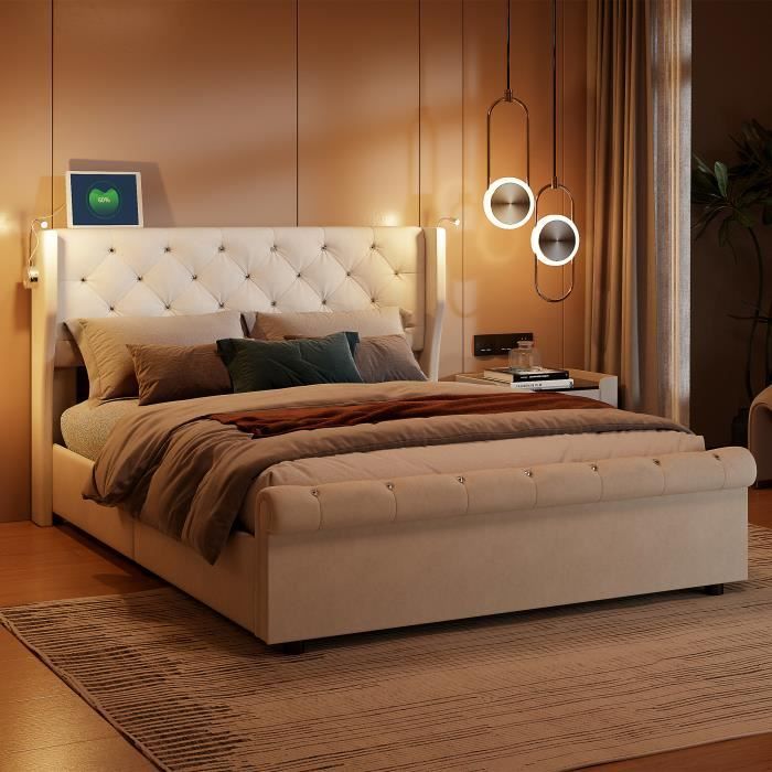 Lit coffre - Moderne - Beige - 140 x 190 cm - Tête de lit avec 2 liseuses - Grande capacité de rangement