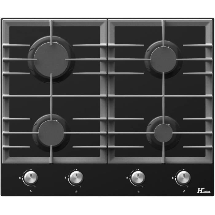HUDSON Plaque Cuisson Gaz 4 Feux Encastrée 60 cm Verre Noir L 58