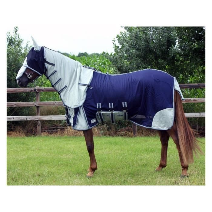 Comparer les prix de Couverture anti mouche avec couvre-cou et bonnet pour cheval QHP - bleu - 205 cm