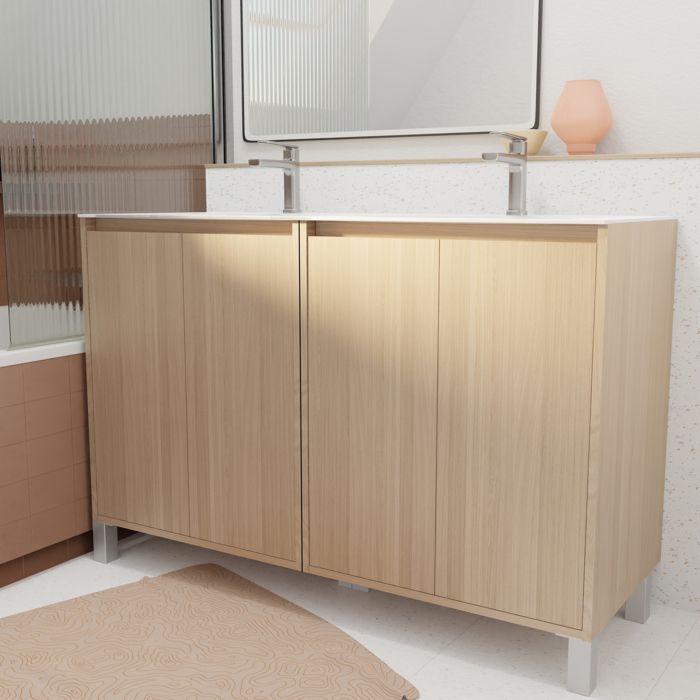 Pack Meuble Salle de Bains 120 cm Chêne Clair 4 portes avec Vasque Céramique - XENOS