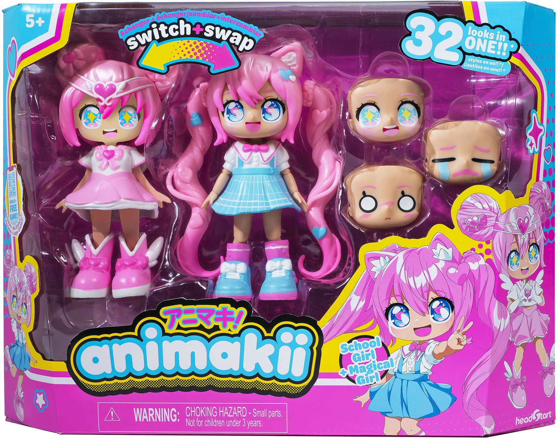 Bandai Animakii Magicienne et Écolière Coffret Poupée Personnalisable 1 Poupée 4 Visages 2 Coiffures 2 Tenues 2 Paires de Chaussures Jouet Créatif et + HEA26352