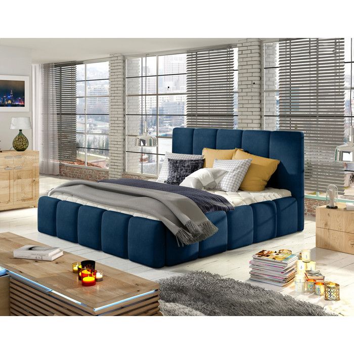 Lucea - lit coffre - 140x200 - sommier inclus - en velours - Bleu nuit Lucea - lit coffre - 140x200 - sommier inclus - en velours - Bleu nuit