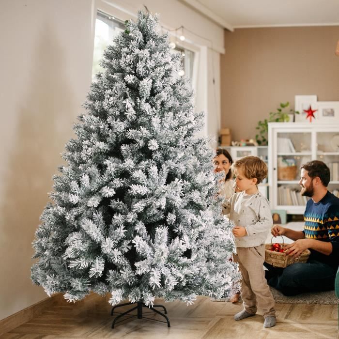 COSTWAY Sapin de Noël Enneigé Artificiel 180 cm avec 883 Rameaux Effet de Givre/Neige en PVC 