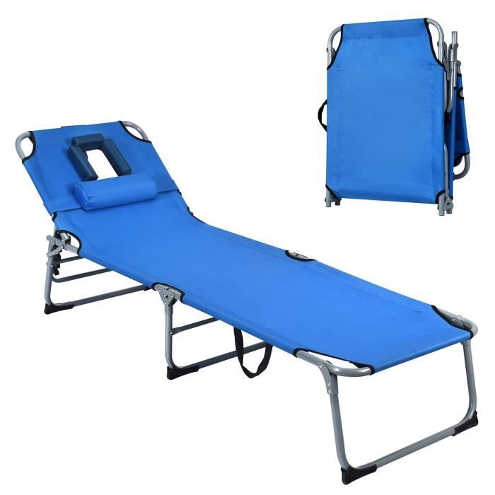 COSTWAY Chaise Longue Pliante avec Appuie-tête et Cavité Faciale Dossier Réglable à 5 Positions Terrasse Camping 150 kg Bleu