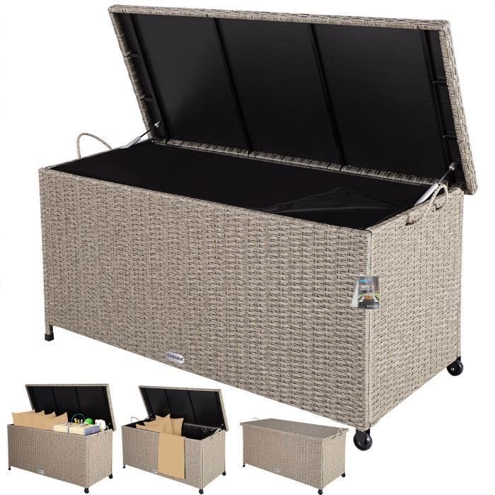 Coffre de rangement polyrotin crème 122x56x61cm malle de rangement 2 vérins  à gaz hydrofuge intérieur extérieur rangement coussins - Cdiscount Jardin