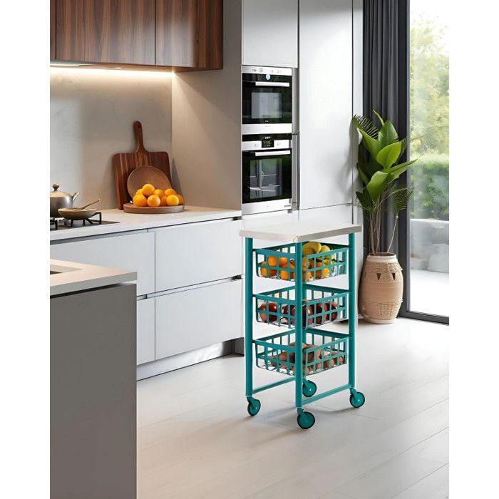 Desserte de rangement FIFTY-FIFTY - 3 paniers en métal et plateau en acier inoxydable DON HIERRO. Turquoise - Inox