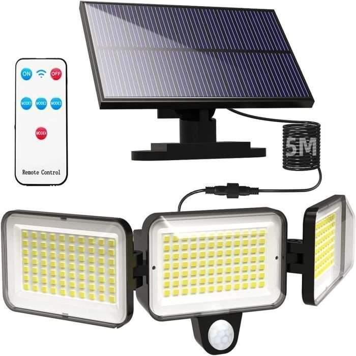 Lampe solaire exterieur detecteur de mouvement 224 LED,IP65 Étanche 3 Têtes  270 °lampe solaire exterieur avec Câble de 5M - Cdiscount Maison