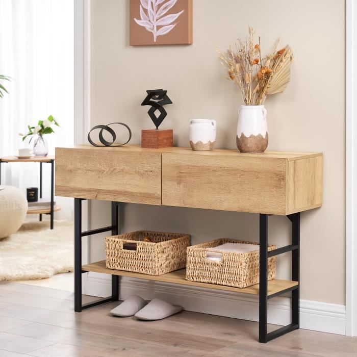 Table console Varberg métal 75 x 120 x 30 cm noir effet chêne