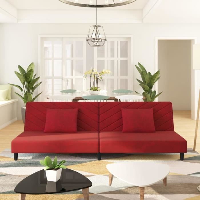 famirosa canapé-lit à 2 places et deux oreillers rouge bordeaux velours-622