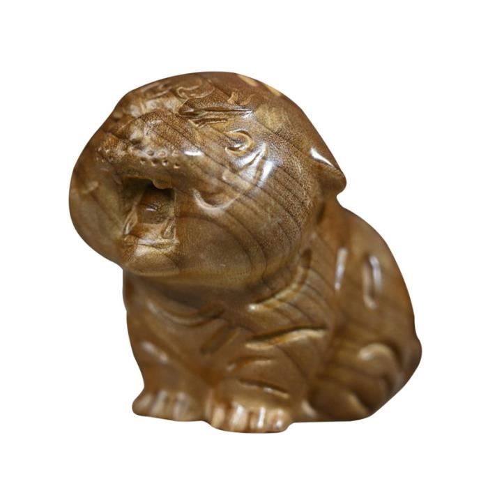 Sculpture Tigre En Bois Sculpté Marron Et Noir - Fait Main, Déco Ethnique