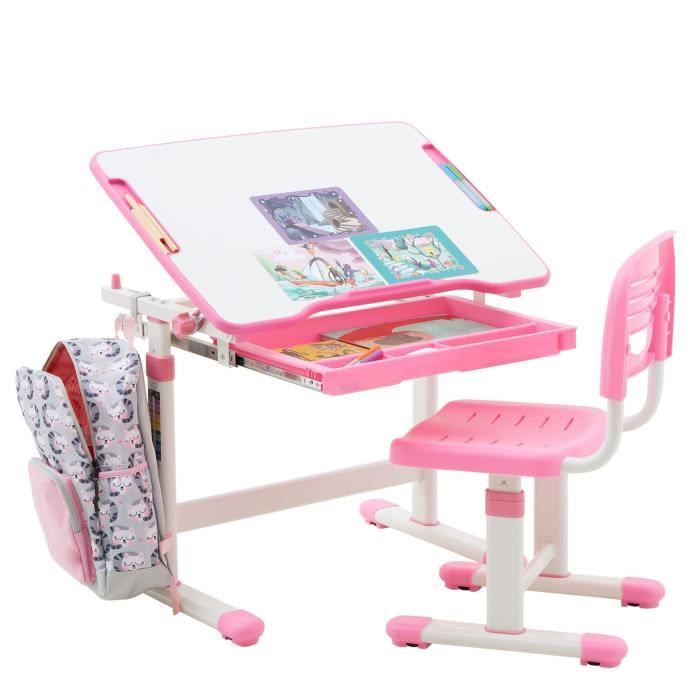 Ensemble bureau et chaise pour enfant TUTTO table et chaise réglable en hauteur, pupitre inclinable, métal blanc et plastique rose