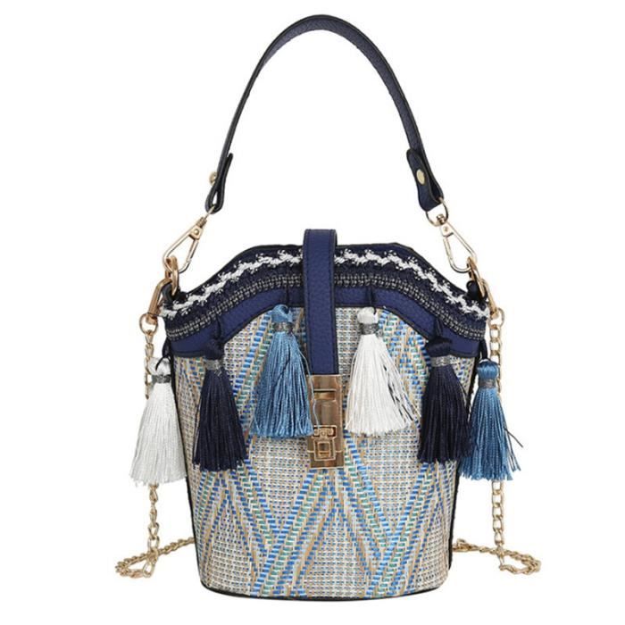 Sac Bandoulière En Paille Tressée Beige Avec Franges - Taille Moyenne Neuf
