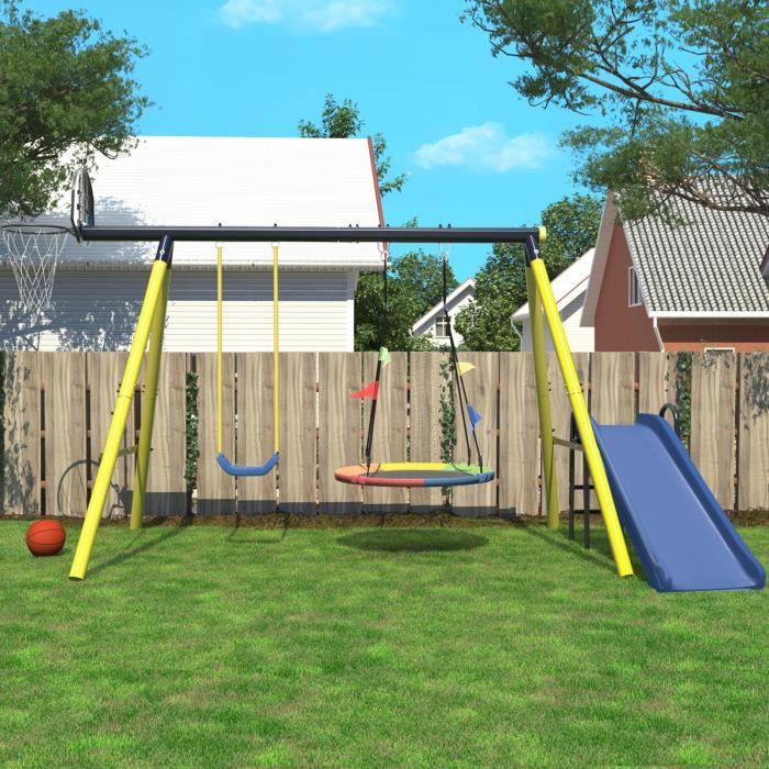 Aire de jeux extérieure pour enfants swing, balançoire en métal, panier de basket, toboggan, pour enfants de 3 à 8 ans, jaune
