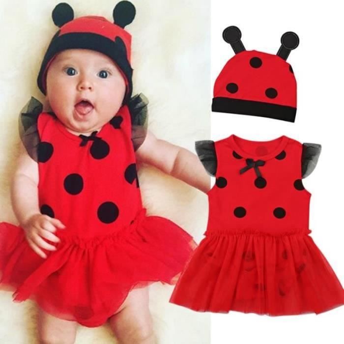 ROBE 0 24 Mois ROUGE Bebe Tenue Ete pour Nouveau ne Barboteuse Robe sans Manche Motif Points Noirs Chapeau Or Cdiscount Pret a Porter