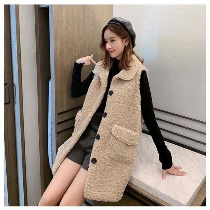 Gilet,Gilet Long en laine d'agneau femme, vêtement automne et hiver, solide  et ample sans manches, manteau - Type Beige Blanc - Cdiscount Prêt-à-Porter