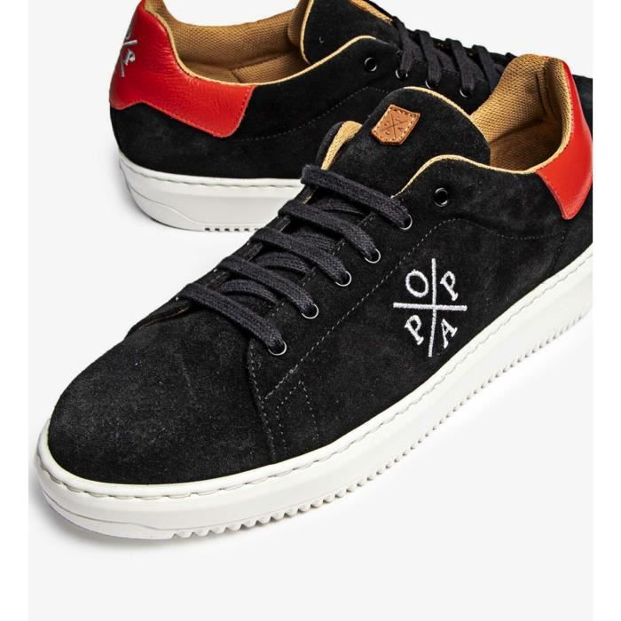 POPA Baskets Homme - POPA Alcaraz Serraje - Cuir Noir/Rouge - Talon Rouge - Lacets