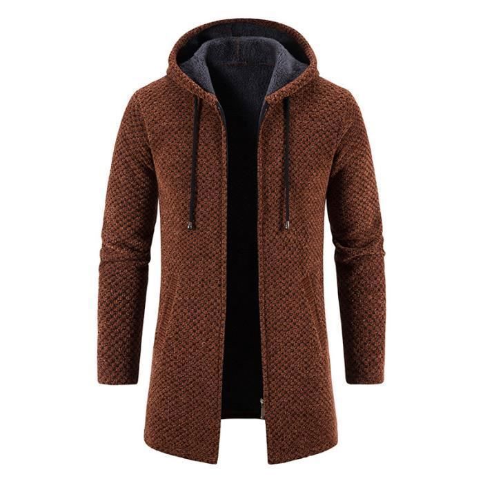 Gilet Homme Hiver Capuche en Tricot Chaud Double Polaire Cardigan Zippe Epais Manches Longues Couleur Unie Marron