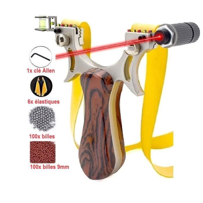 Fronde Lance Pierre + Viseur Laser + 200 Billes + 6 Elastiques Bois Métal Top Qualité + Piles Jeu Plein Air