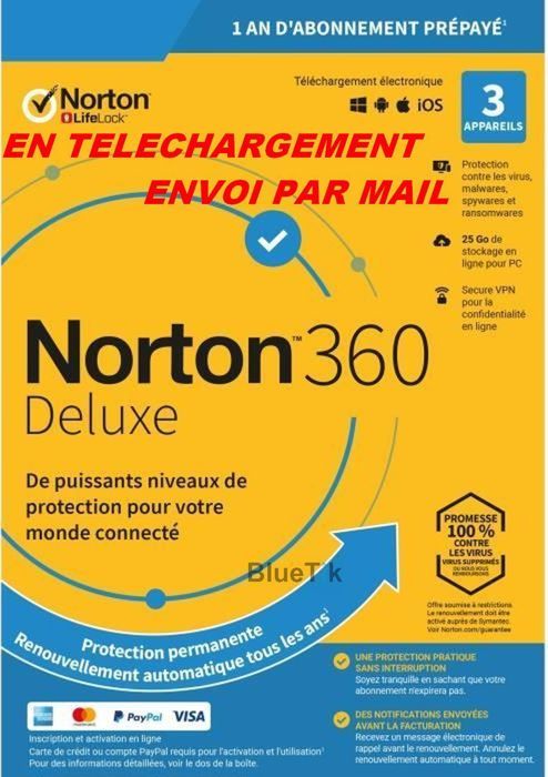 Avec CB - NORTON 360 DELUXE 2024 avec Abonnement 3 Appareils PC MAC Android - 1 AN - 25GB CLOUD - Envoyé par mail - ESD