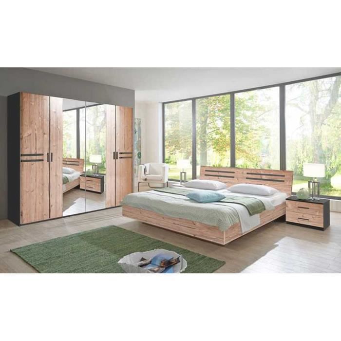Chambre à coucher compléte adulte (lit 180 x 200 + 2 chevets + armoire)  coloris effet bois - Cdiscount Maison