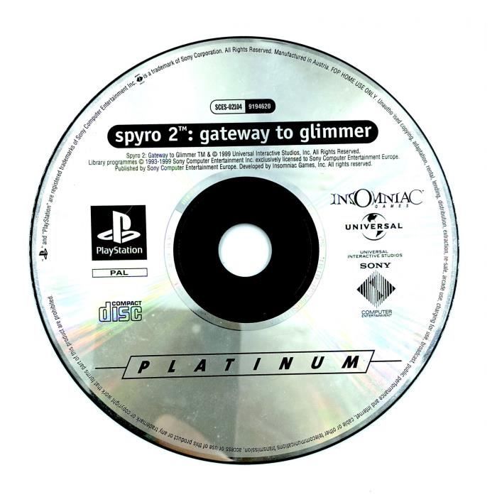 Sony Computer Entertainment Spyro 2: Gateway To Glimmer Sony PlayStation 1 PS1 Pal Platinum Disque Seul