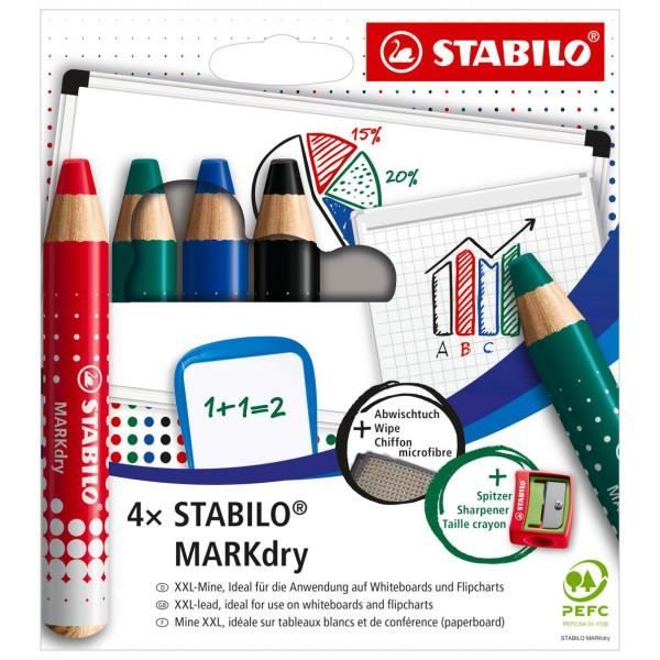 Etui carton de 4 crayons marqueur STABILOMARKdry + 1 taille-crayon + 1 chiffonnette