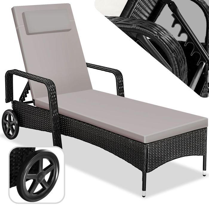 TECTAKE Chaise longue CASSIS bain de soleil en résine tressée et cadre en aluminium dossier réglable 6 positions - Noir