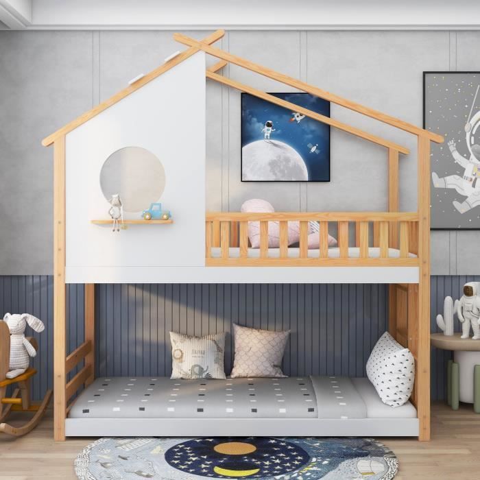 Lit superposé pour enfant 2 x 90 x 200 cm avec toboggan et escalier,  Barrières de protection, Sommier à lattes inclus, Naturel-blanc - Cdiscount  Maison