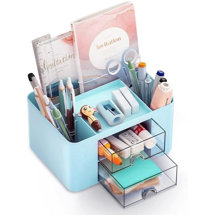 Organisateur Bureau Plastique 5 Compartiments + 2 Tiroirs - Rangement Stylos, Petits Objets