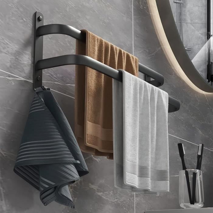 Porte-serviettes Mural Noir Mat 58 Cm - 7 Crochets + étagère Pliable - Fixation Adhésive Ou Vissée Sans Perçage - Pour Salle De Bain